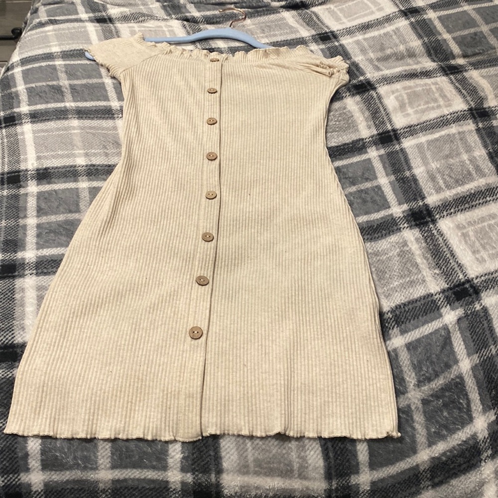 Off the shoulder button up beige dress